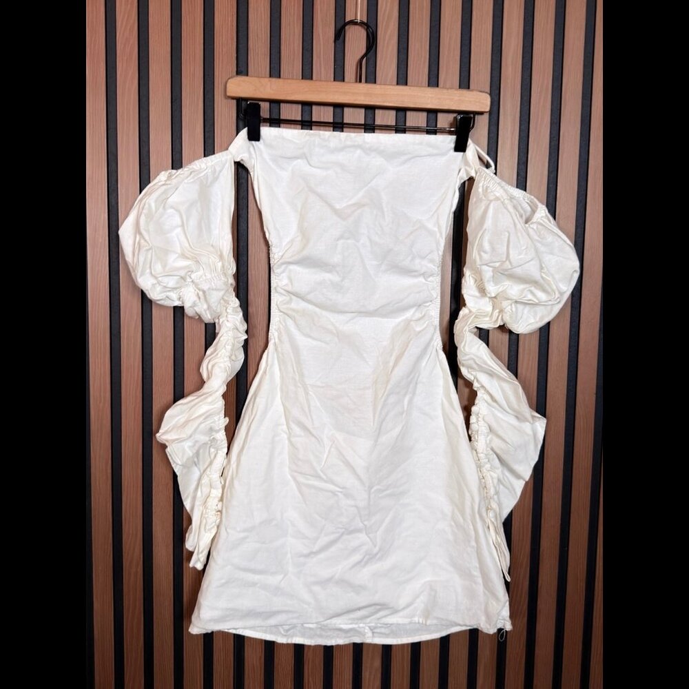 Sabo Luxe Dress Medium White Cotton Linen Back Tie Ruched Sleeve Open Back